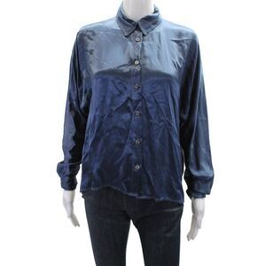 Pharaoh Womens Button Front Long Sleeve Collared Striped Satin Shirt Blue Large